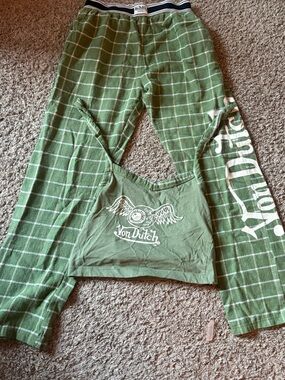 Von Dutch Green Plaid Lounge Pants with White Logo